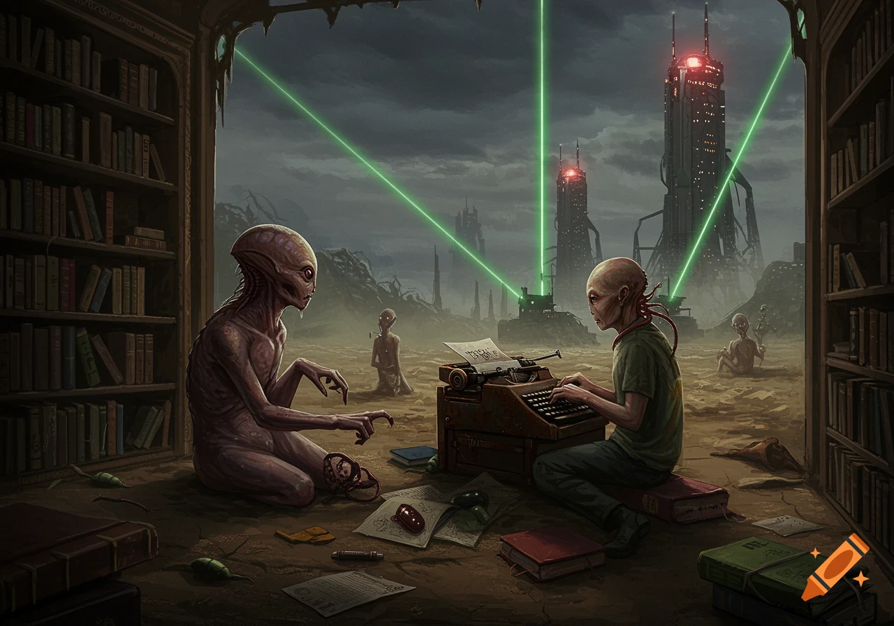 Two aliens, one typing on a typewriter in a ruined library, overlooking a post-apocalyptic landscape with towers.