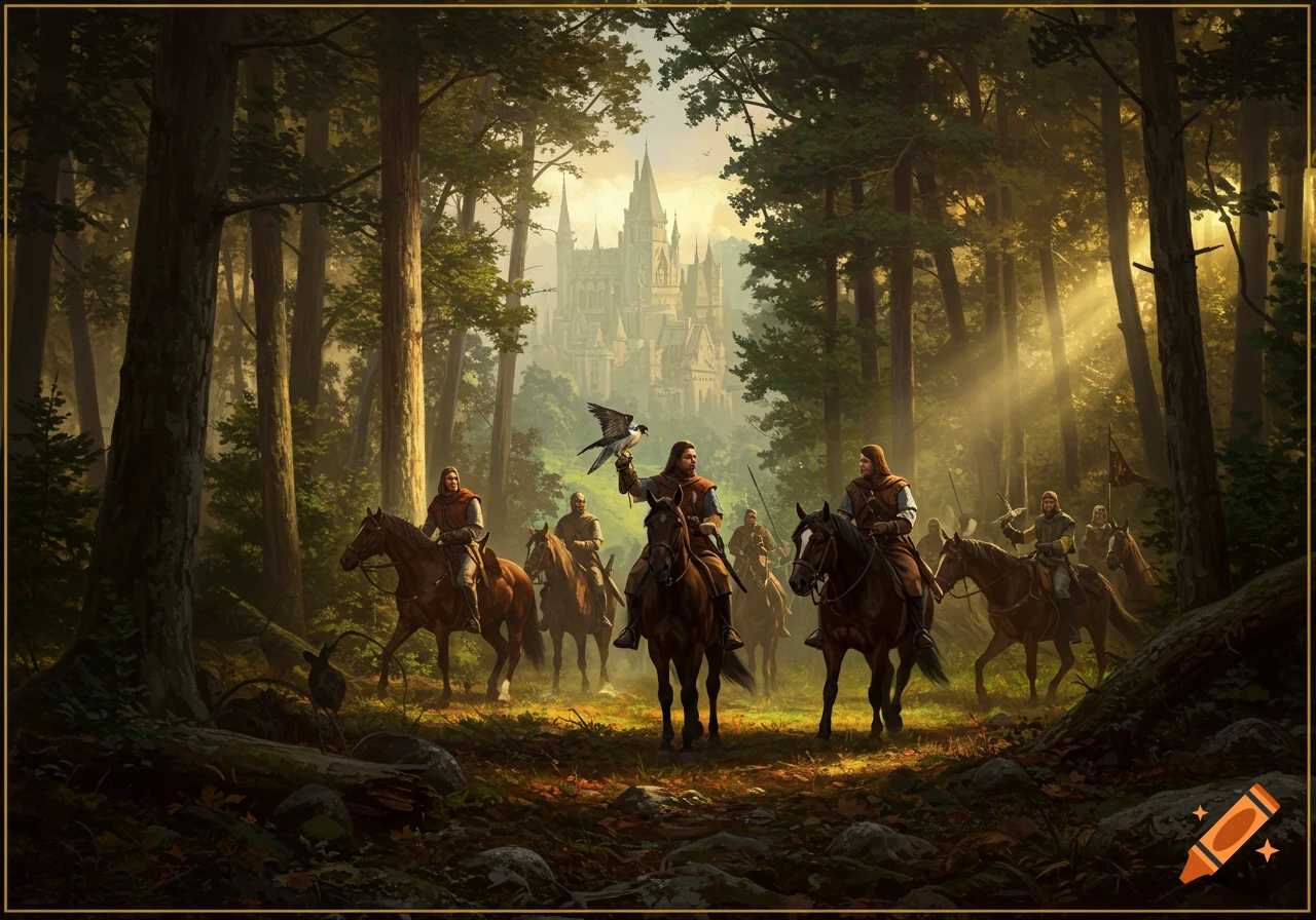 A medieval hunting party on horseback rides through a forest toward a castle.