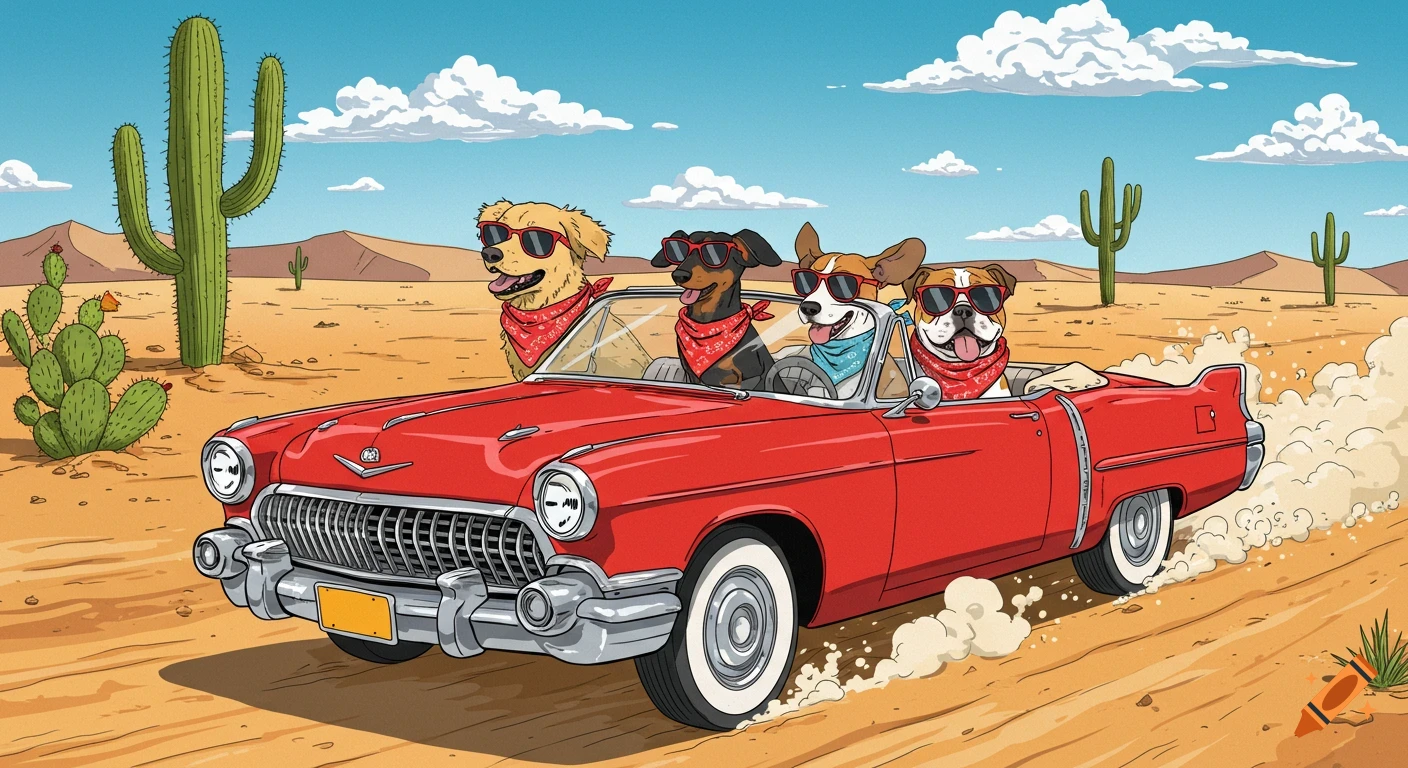 Four dogs wearing sunglasses and bandanas drive a red convertible through the desert in comic book style.
