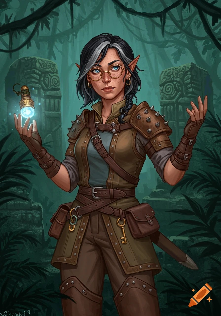 A Half Elf woman explorer with glasses holds a glowing lantern in jungle ruins.