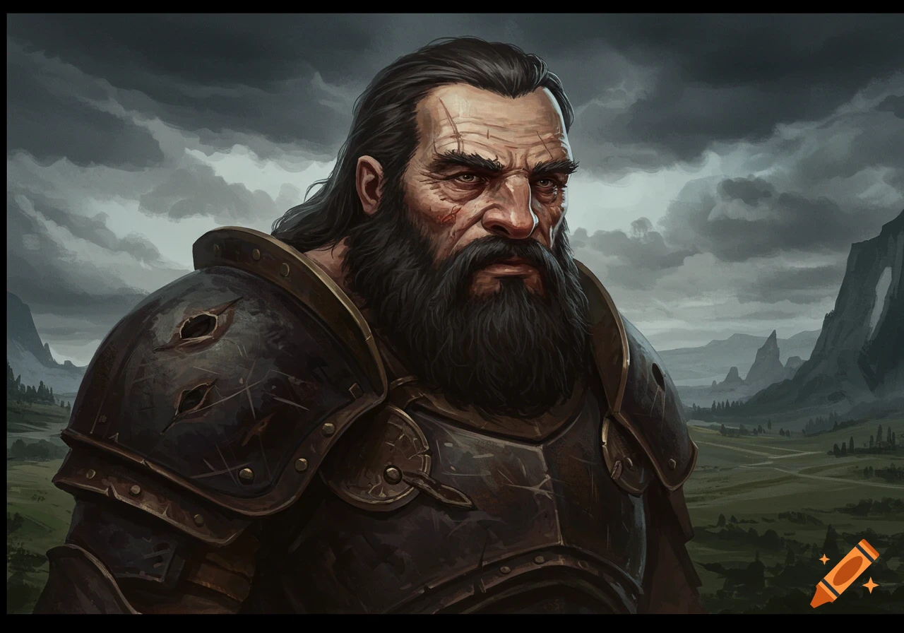 A giant, bearded man in weathered armor stands in a fantasy landscape.