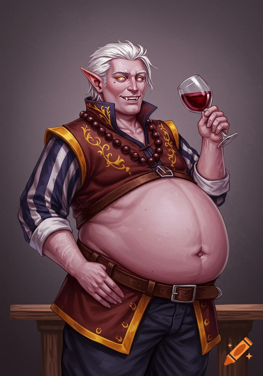 Image of a smiling vampire elf with a large belly, wearing a striped shirt and tunic, holding a glass of red wine.