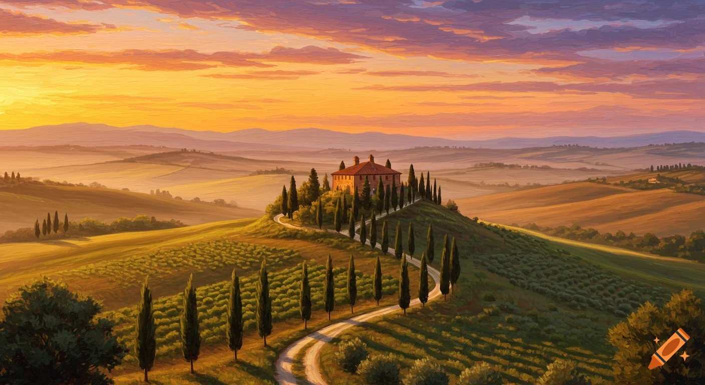 A Tuscan landscape with a villa, cypress trees, rolling hills, and a sunrise sky.