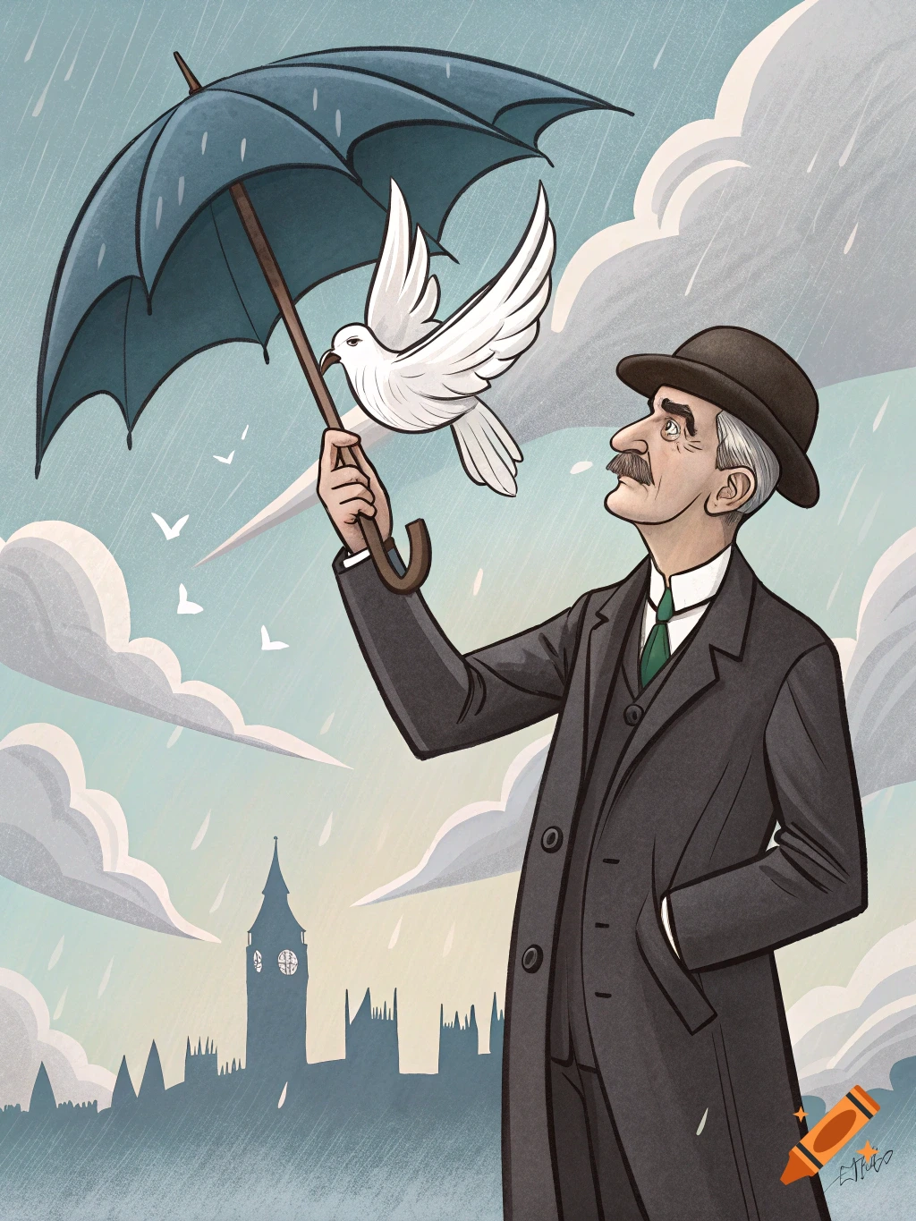 Cartoon illustration of a man with a mustache holding an umbrella with a white dove perched on it, standing in the rain with the London skyline in the background.