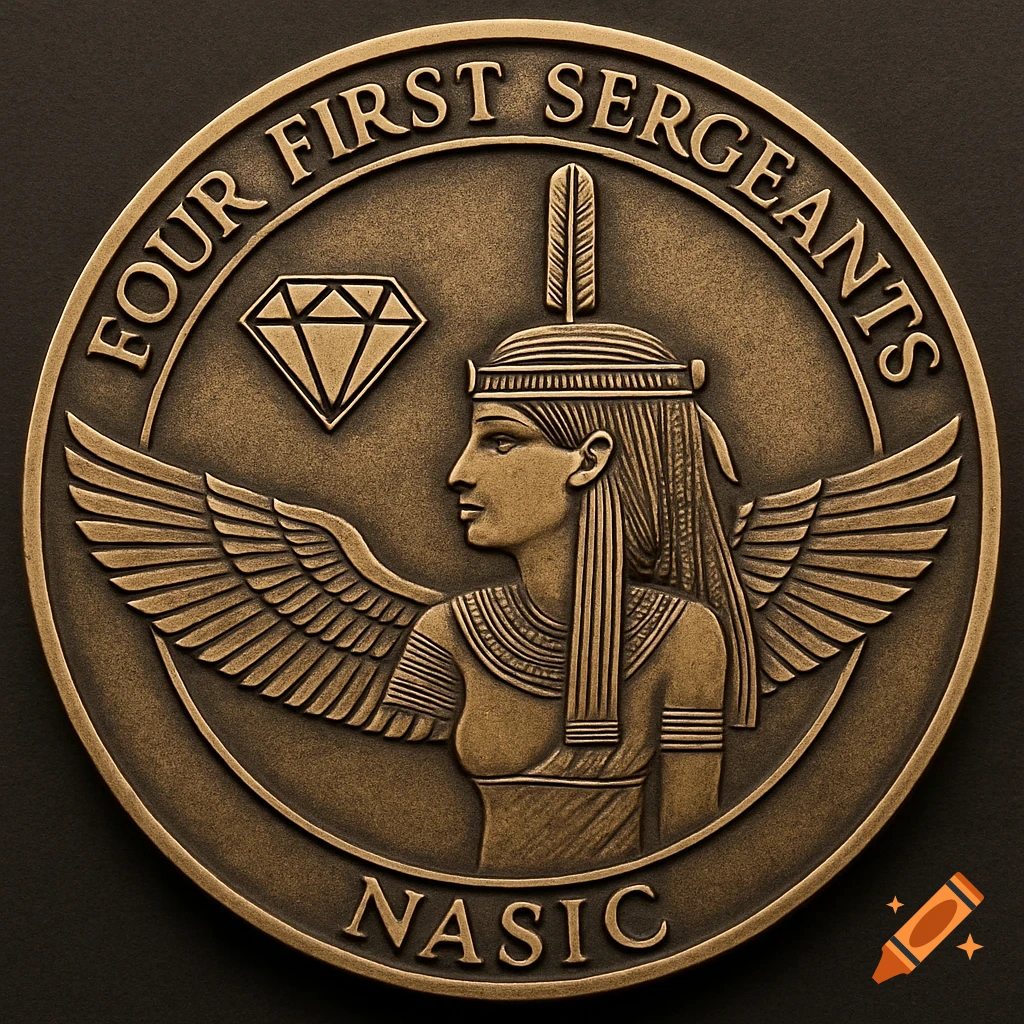 Bronze coin relief with text 'FOUR FIRST SERGEANTS' and 'NASIC', featuring a winged Egyptian figure and a diamond.