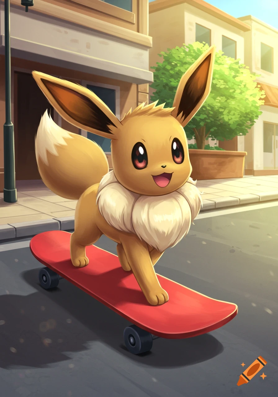 The Pokemon Eevee is riding a red skateboard down a street.