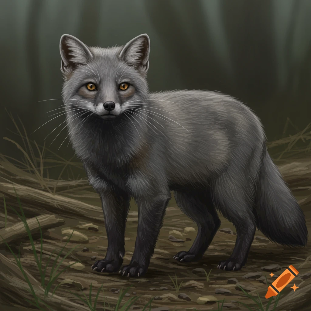 A grey, fox-like creature standing in a forest.