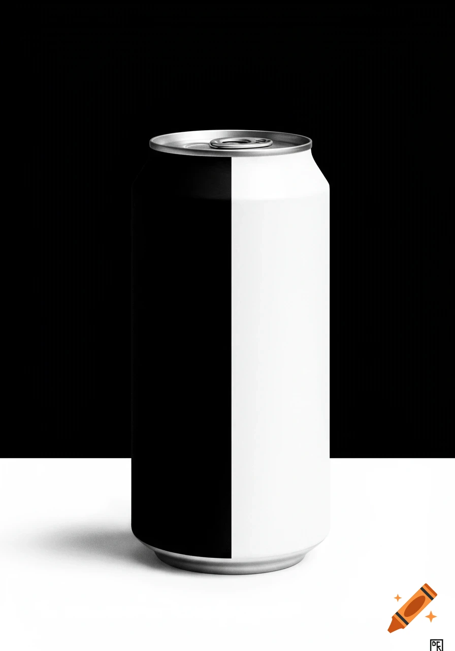 A drink can split vertically, half black and half white, against a split black and white background.