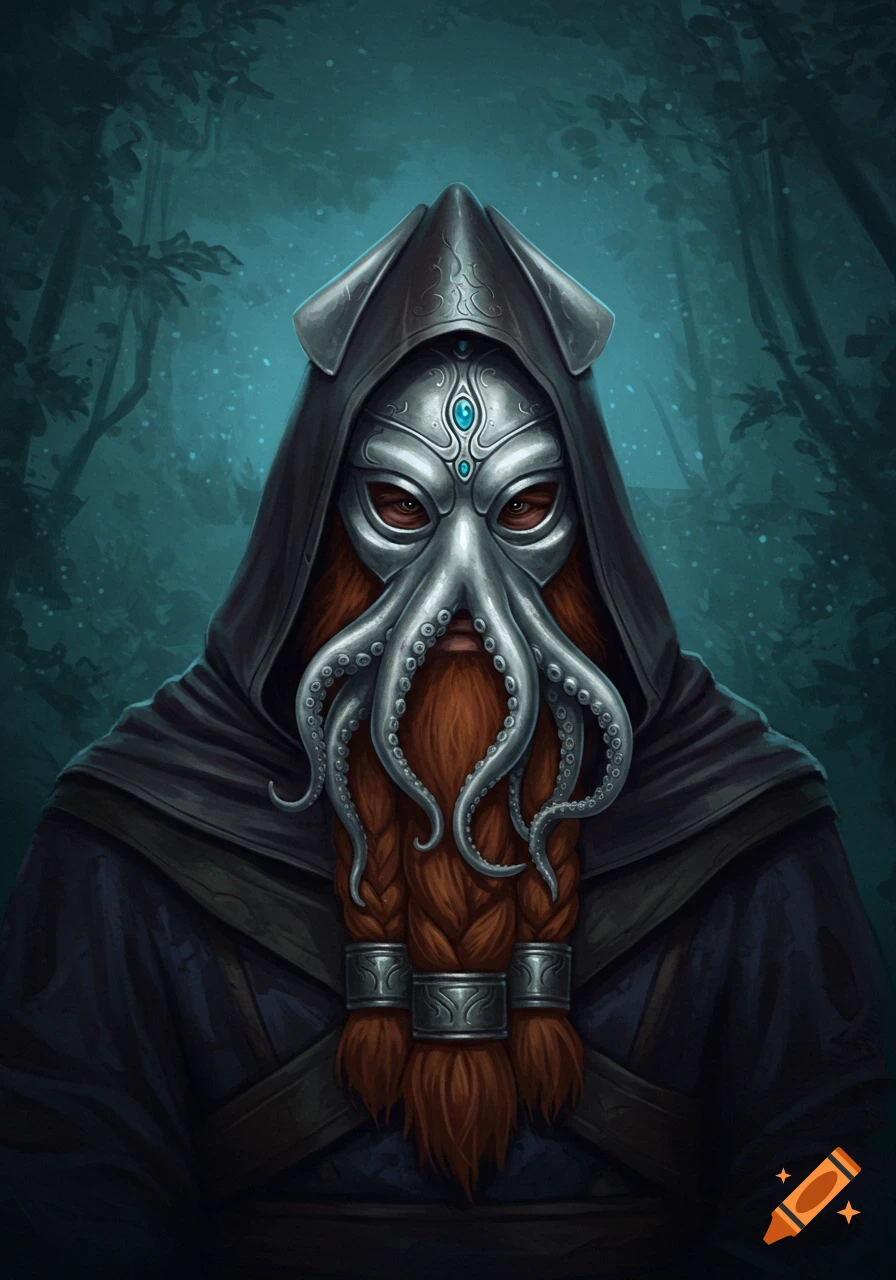 A hooded figure in a forest wears a silver octopus mask over a braided red beard.