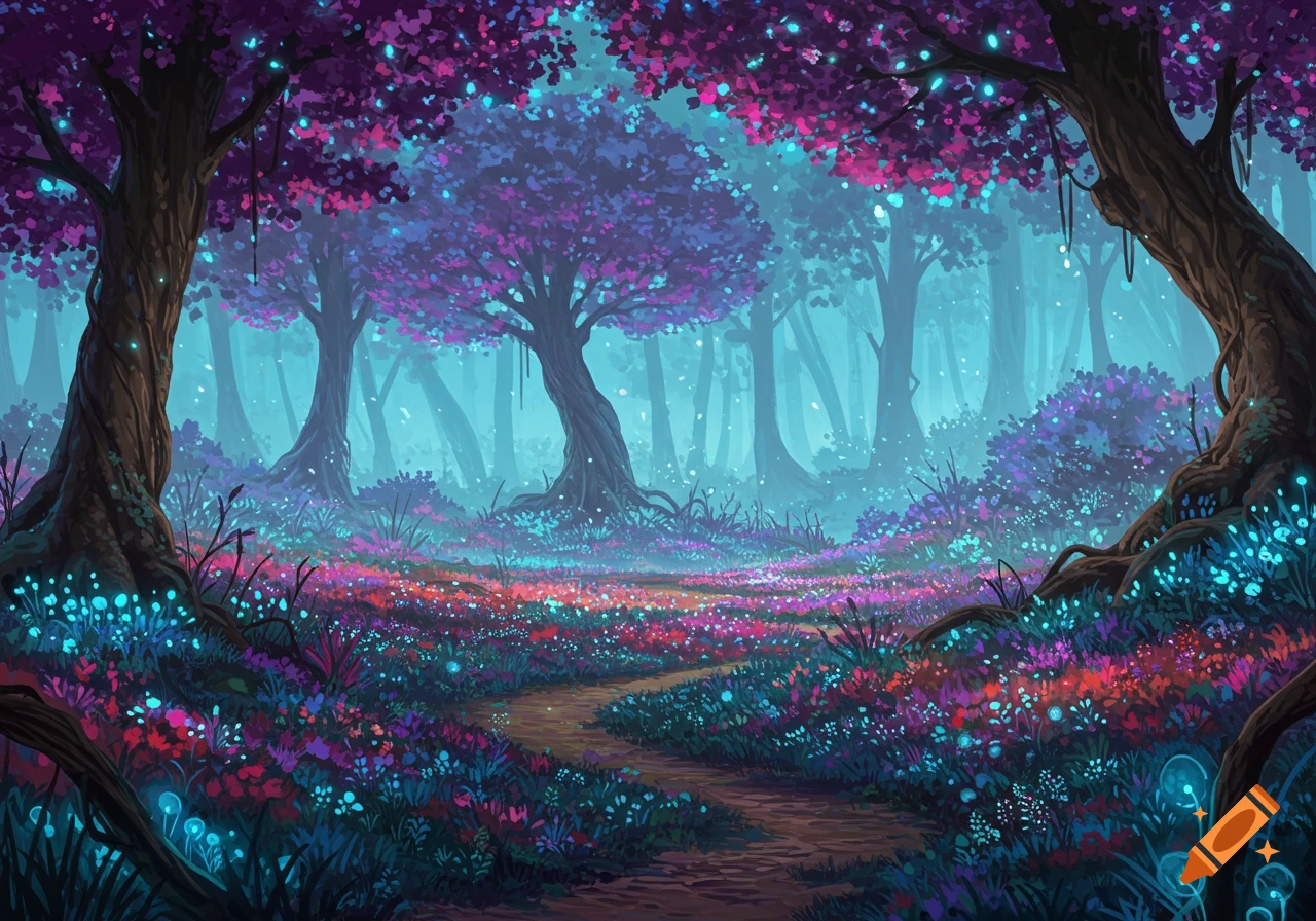 A mystical fantasy forest with glowing blue and pink flora and purple trees along a winding path.