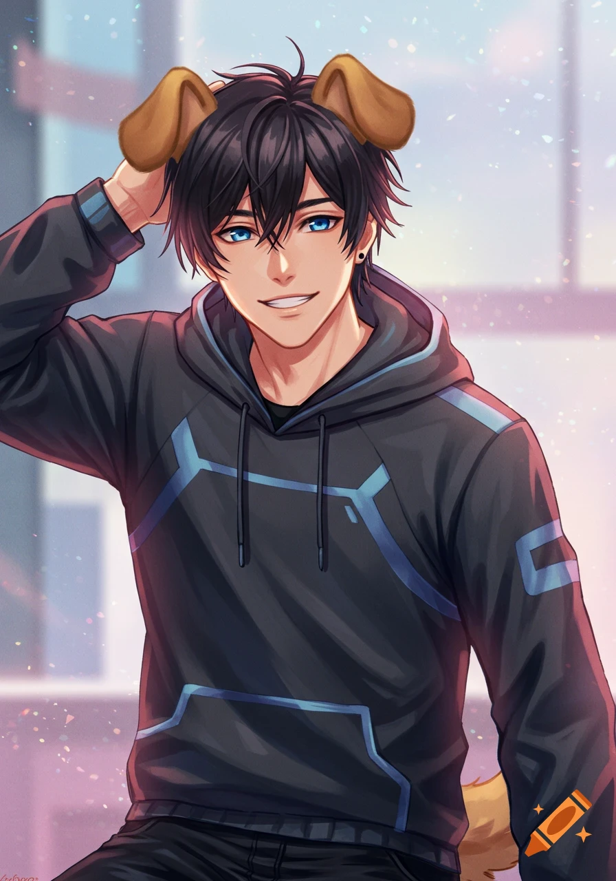 A handsome anime man with dog ears wears a black hoodie.