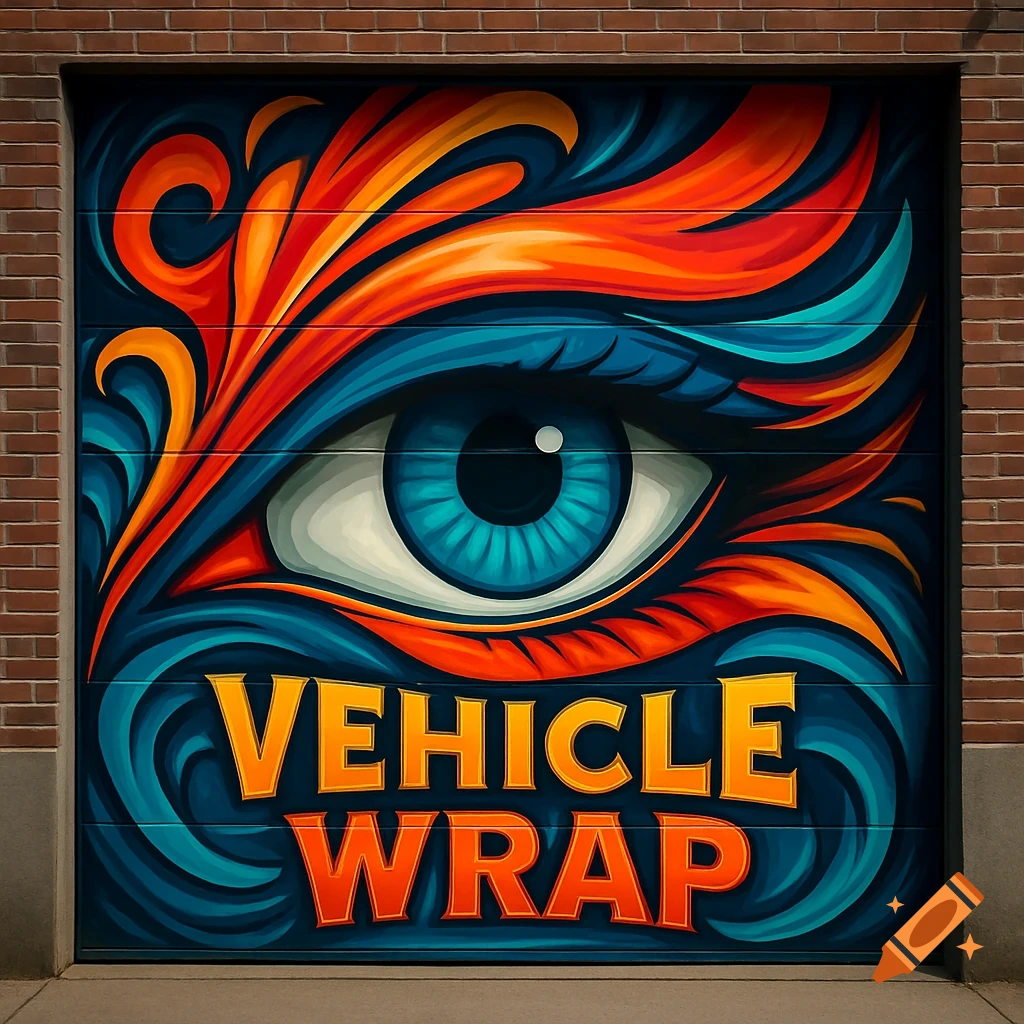 A colorful graphic mural on a garage door featuring a large eye and the text 'VEHICLE WRAP'.