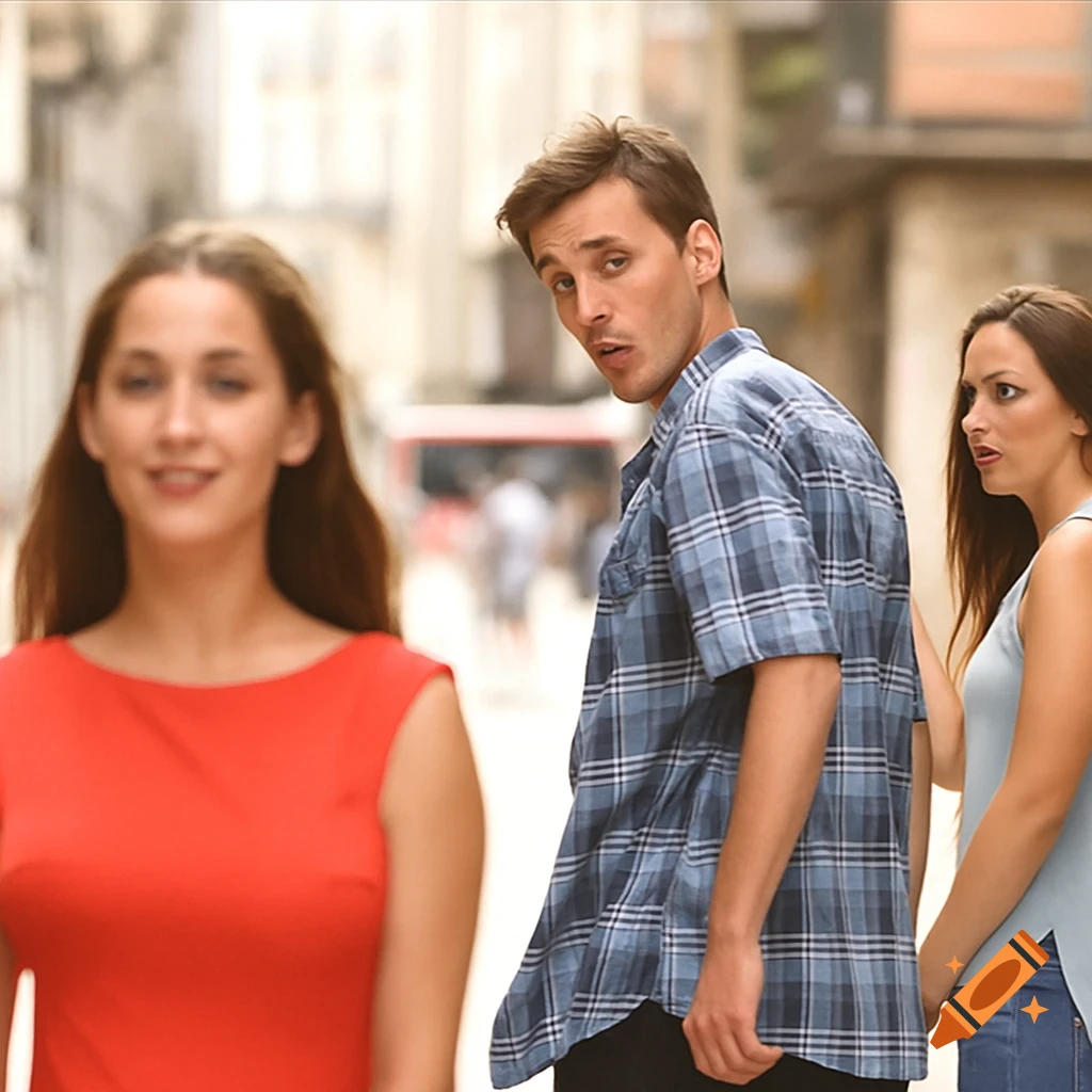 A man looks back at a woman walking by, while the woman next to him looks shocked. The Distracted Boyfriend meme.