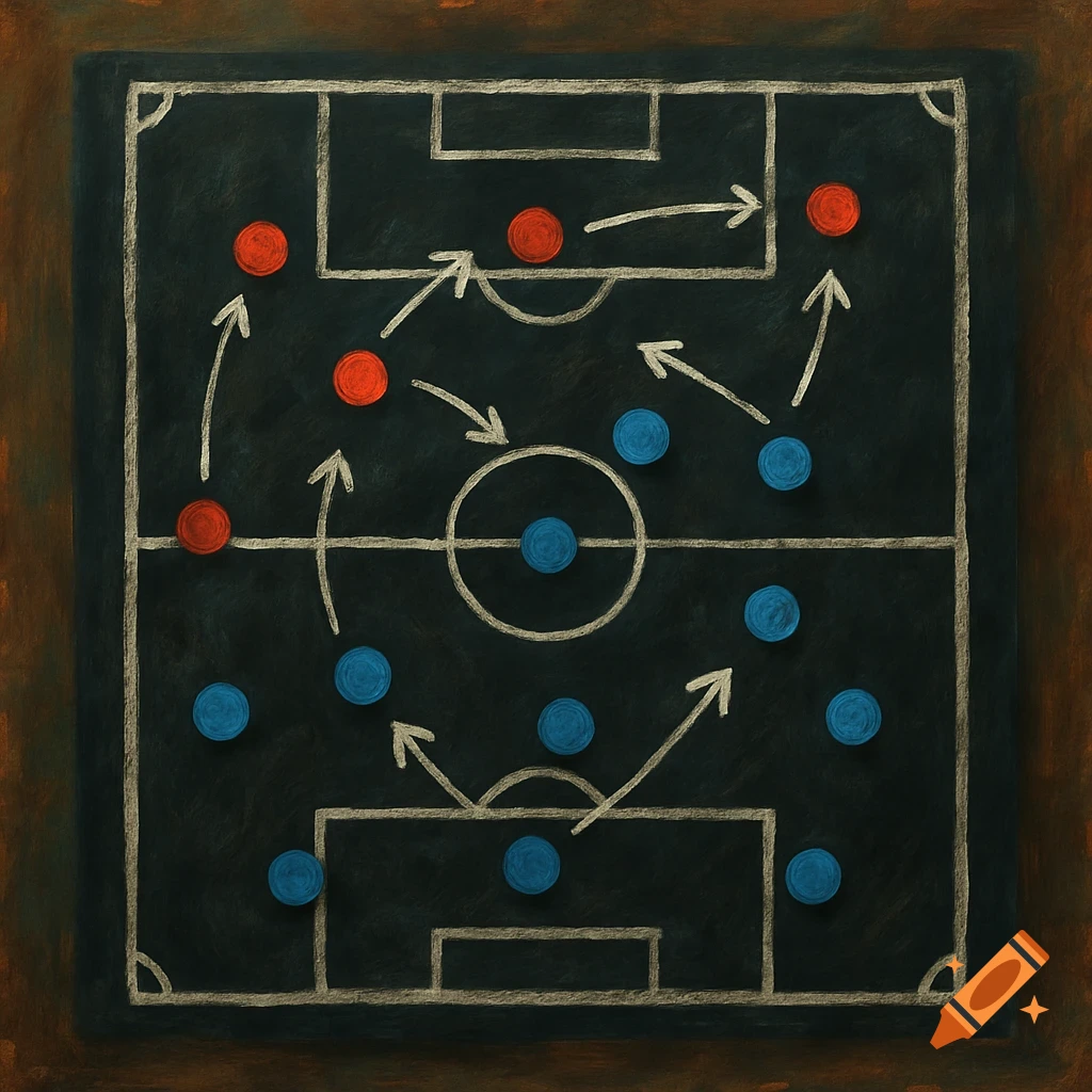 Soccer tactic board with red and blue player tokens and strategy arrows drawn in chalk.