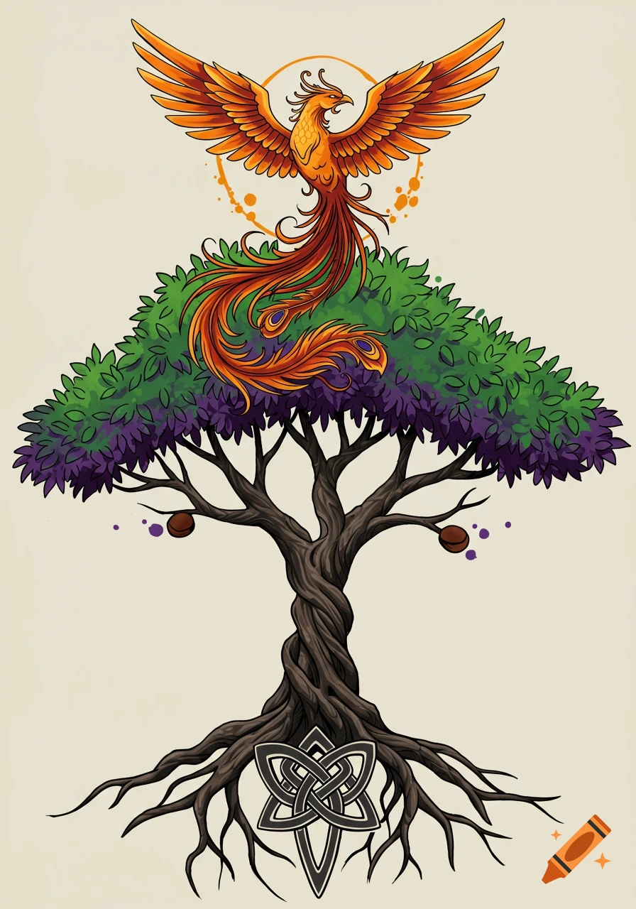 Stylized illustration of a phoenix above a tree with a Celtic knot at the roots.
