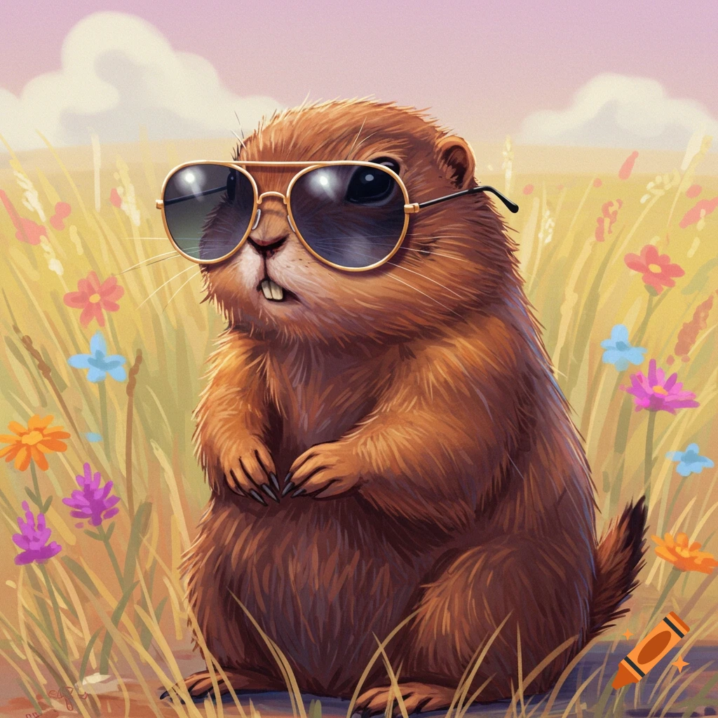 A cute prairie dog wearing sunglasses sits in a field of tall grass and colorful flowers.