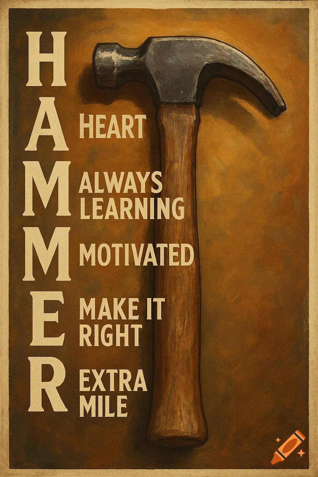 Motivational poster with a hammer and text HAMMER acronym: Heart, Always Learning, Motivated, Make It Right, Extra Mile.