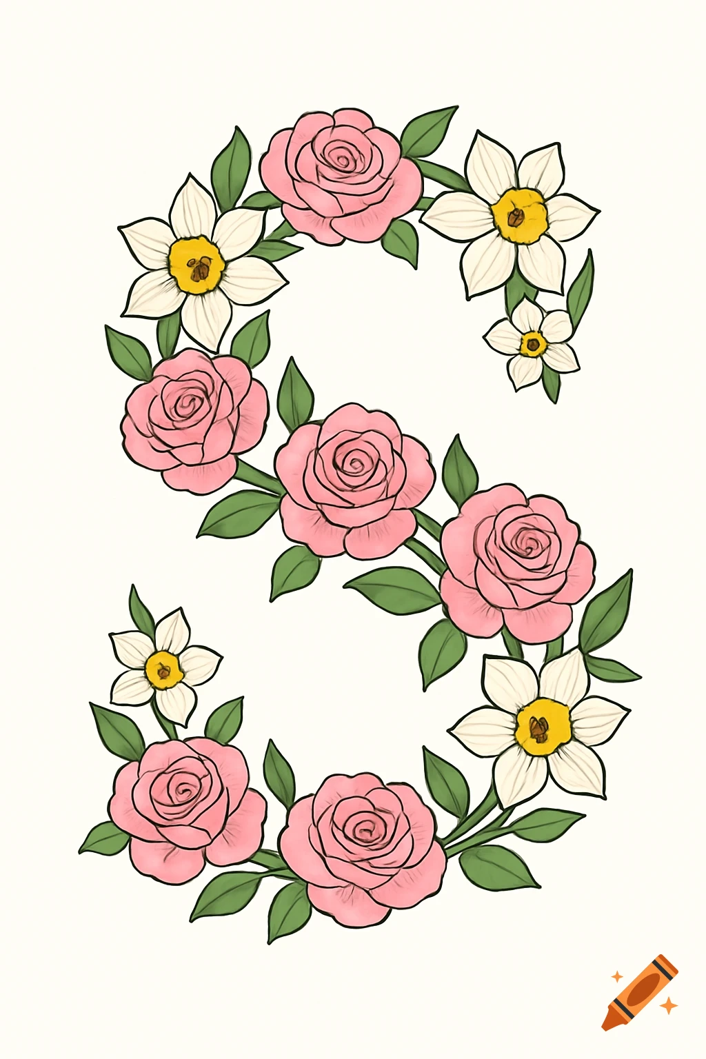 Letter S formed by pink roses and white narcissus flowers in a vector graphic style.