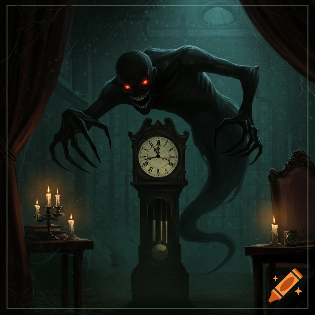 Concept art of a scary black monster with red eyes and sharp teeth by a grandfather clock in a dark room.