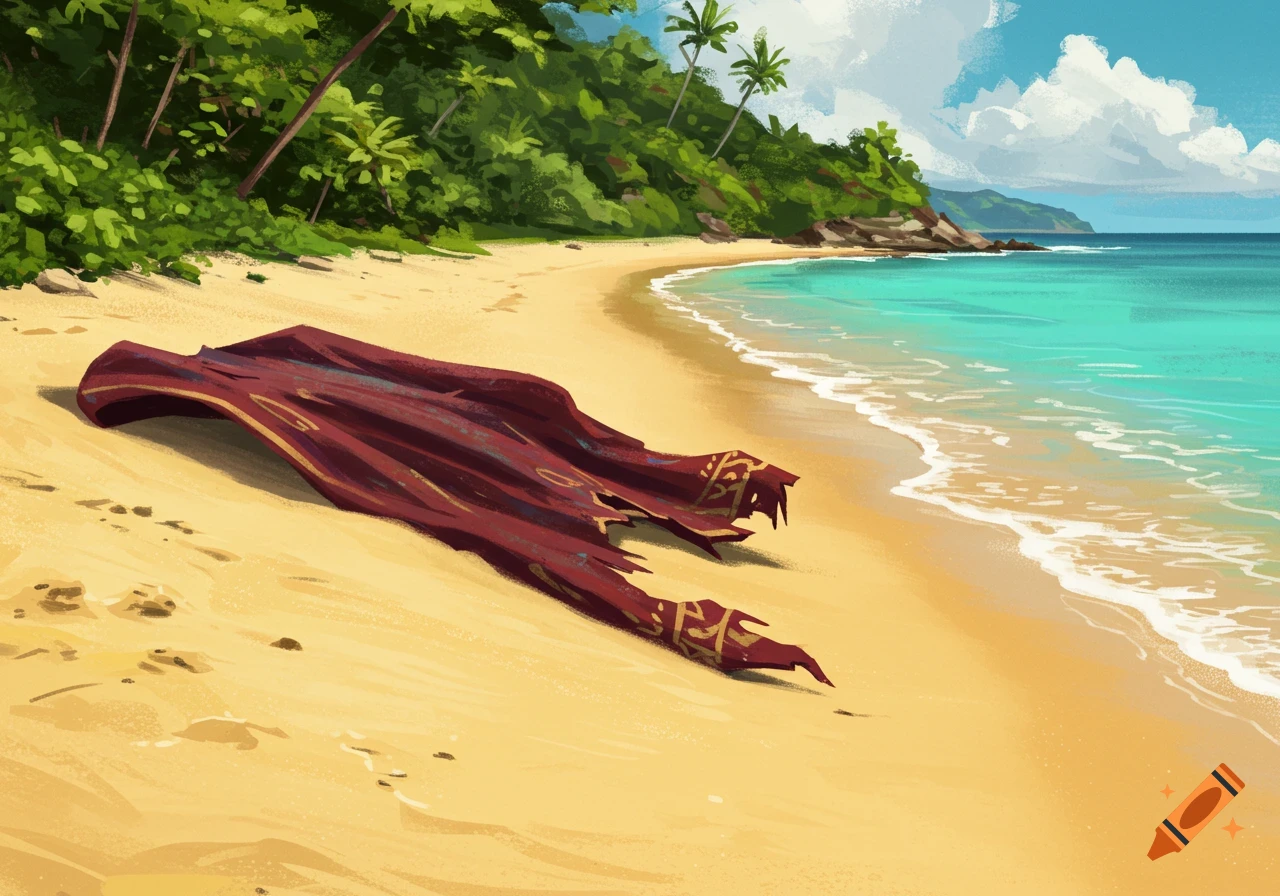 A red cape is lying on a sandy beach with palm trees and ocean waves.