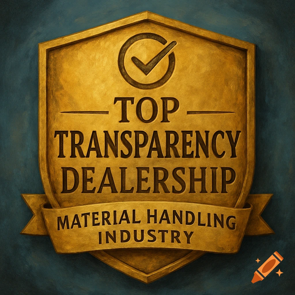 A golden badge or shield emblem with the text 'Top Transparency Dealership Material Handling Industry' on a blue background.