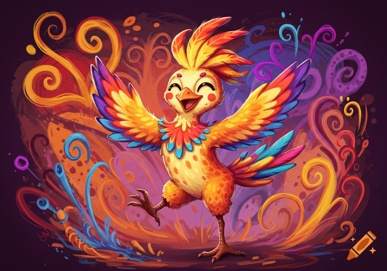 A cheerful, colorful cartoon bird dancing in a vibrant, swirling background.