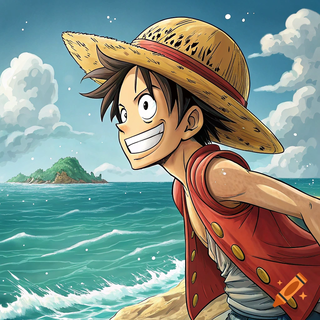 Anime illustration of Luffy from One Piece smiling on a beach.