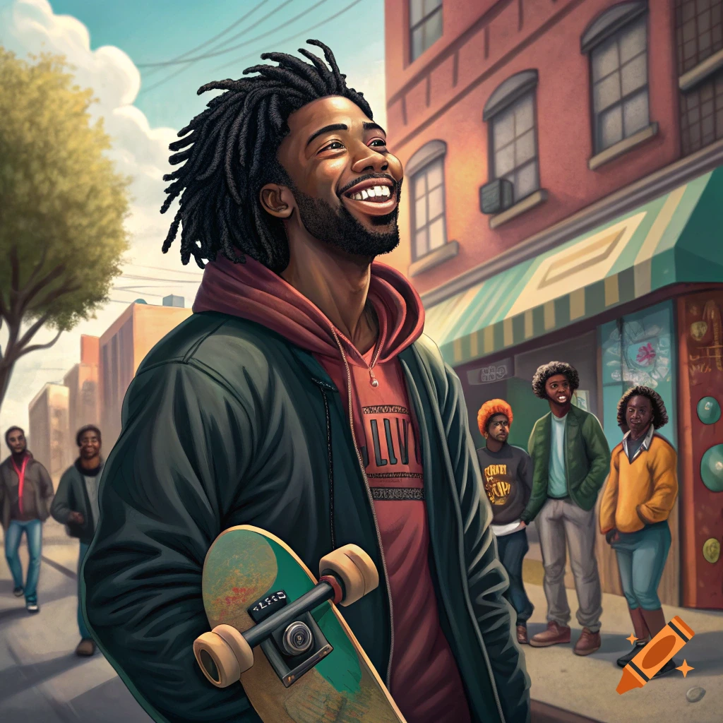 Illustration of a smiling young Black man with dreadlocks, holding a skateboard on an urban street.