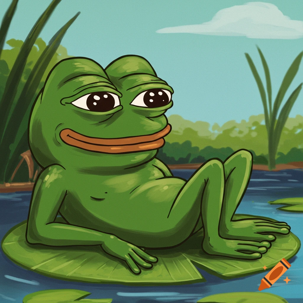 Pepe the Frog relaxing on a lily pad in a pond.