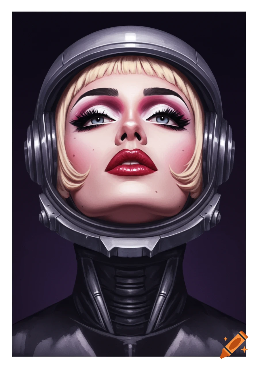Close-up of a woman with drag makeup in a sci-fi helmet looking up.