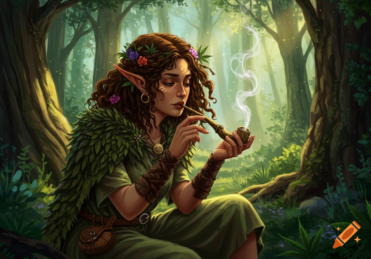 An elven druid sitting in a forest, smoking a pipe.