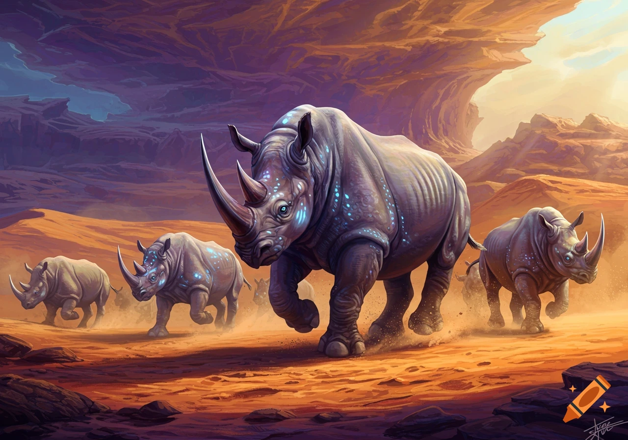 Glowing rhinos are running through a desert landscape with rocky formations.