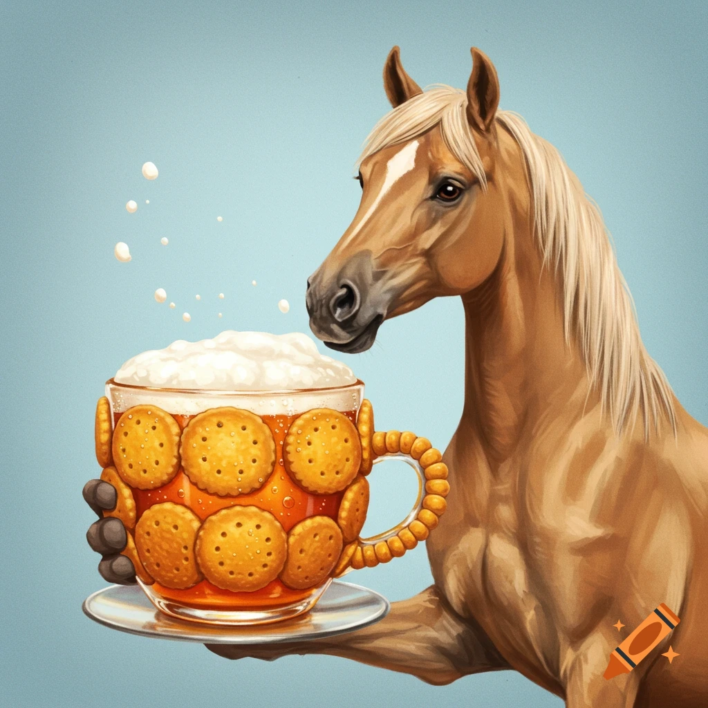 A horse holding a large mug decorated with biscuits and filled with frothy beer.