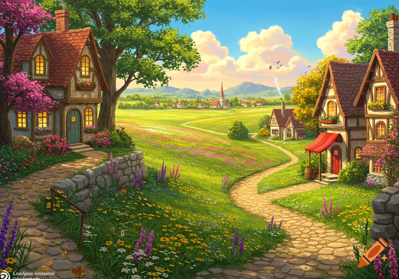 A vibrant image of a path winding through a flowery village landscape under a sunny sky.