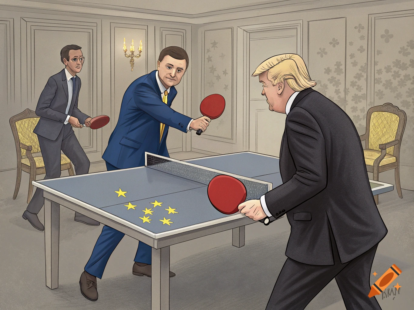 Political caricature of three figures resembling Trump, Zelenskyy, and a third person playing ping pong.