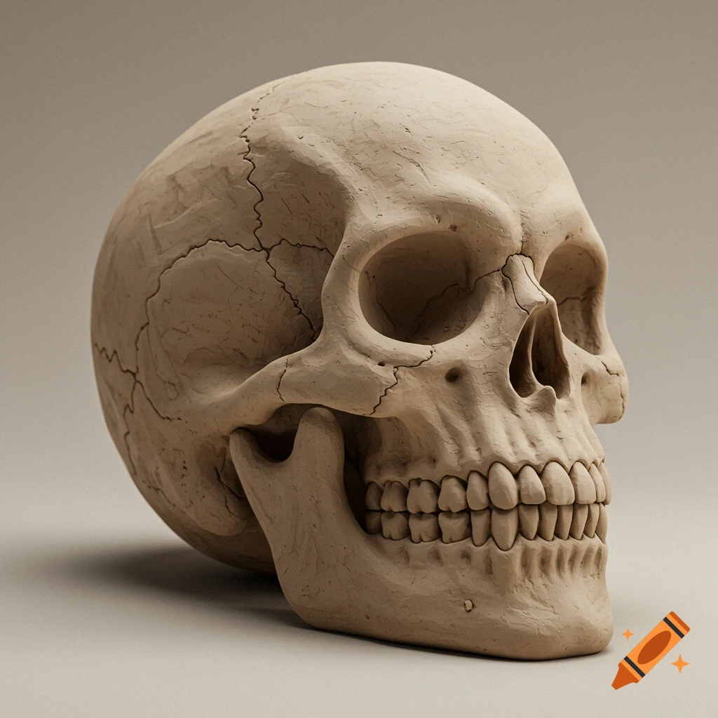 A photorealistic sculpture of a human skull made of clay.