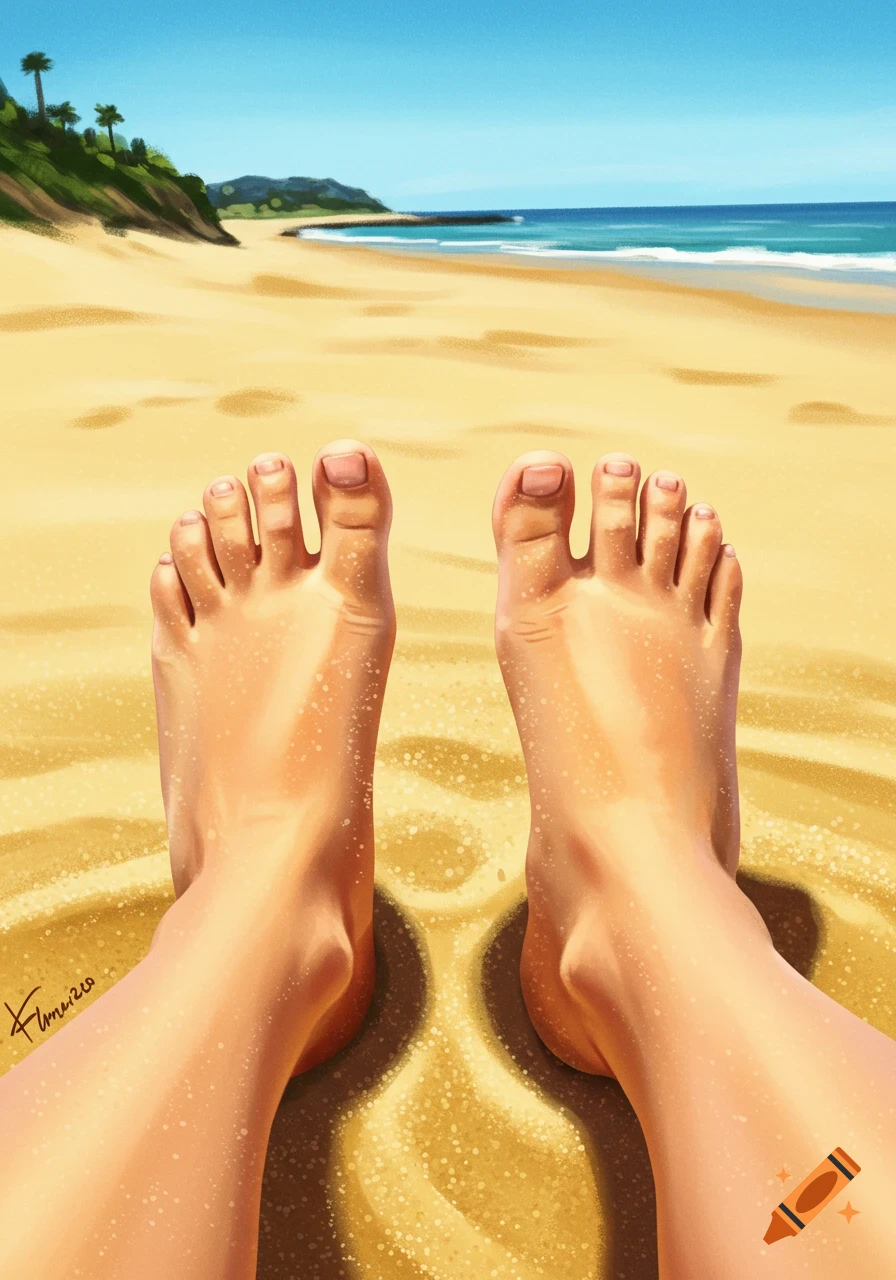 Feet in the sand on a sunny beach.