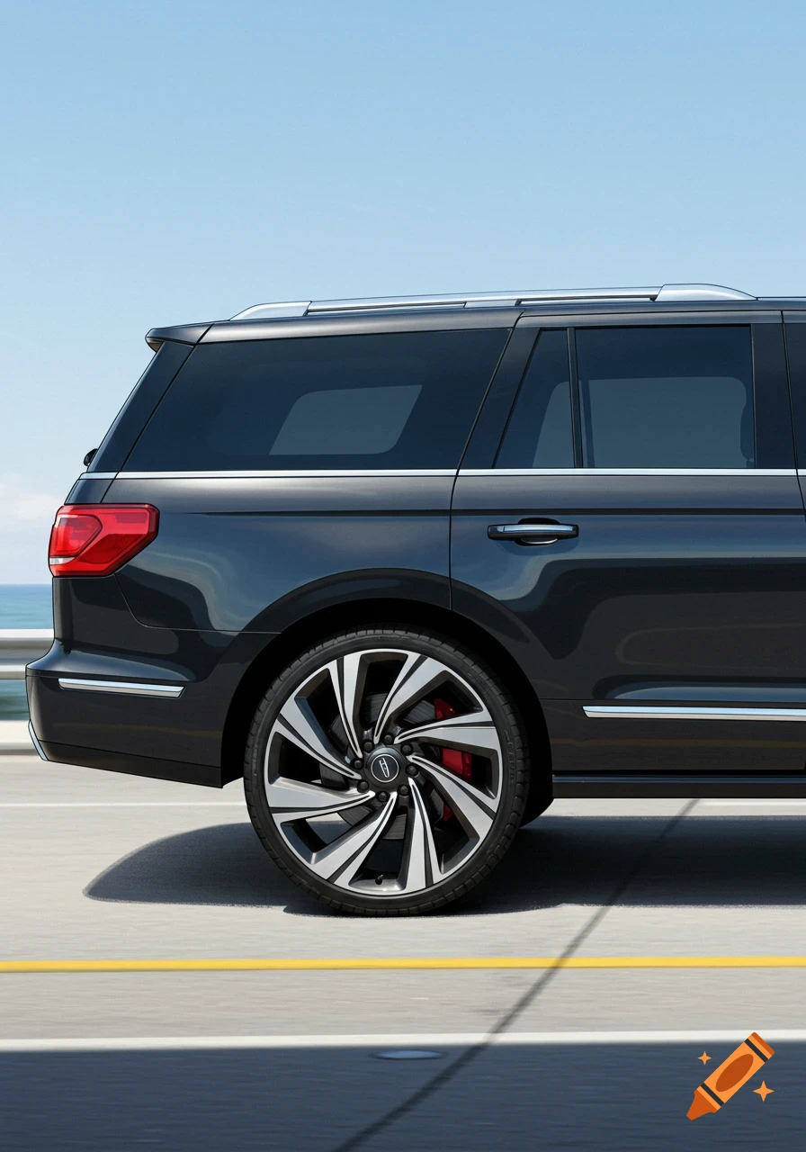 Rear view of a dark gray Lincoln Navigator SUV driving on a road, focus on the wheel.
