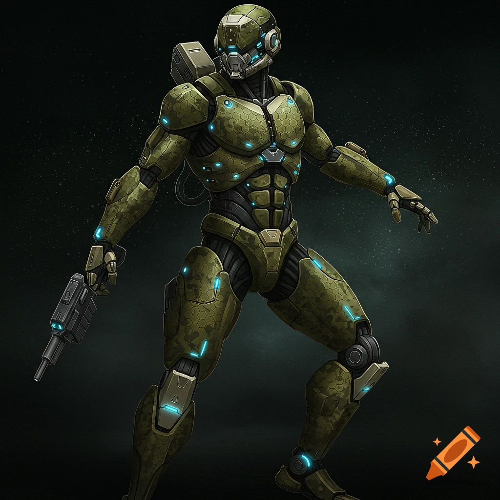 A green sci-fi combat robot with hexagonal armor and a gun.