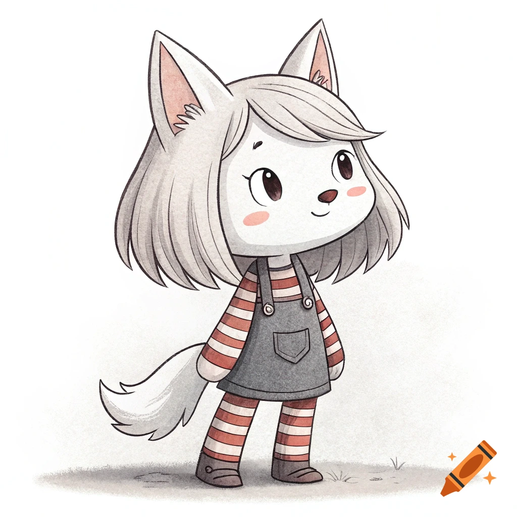 Cute anthropomorphic white wolf cub illustration wearing striped shirt and grey overalls.
