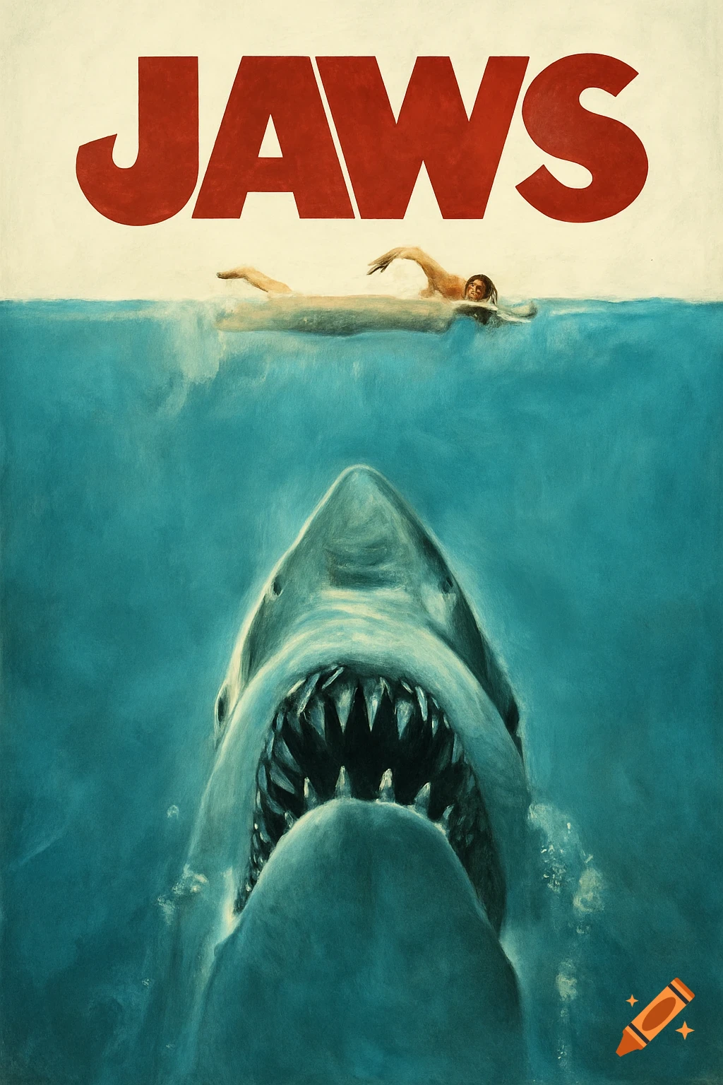 The Jaws movie poster featuring a giant shark attacking a swimmer from below, with the title 'JAWS' above.