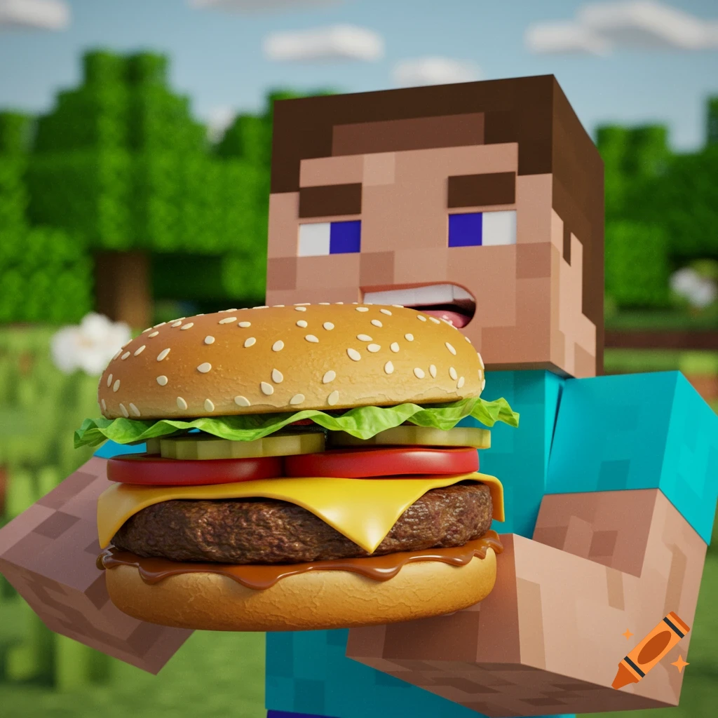 Minecraft Steve holds a realistic hamburger in a blocky landscape.