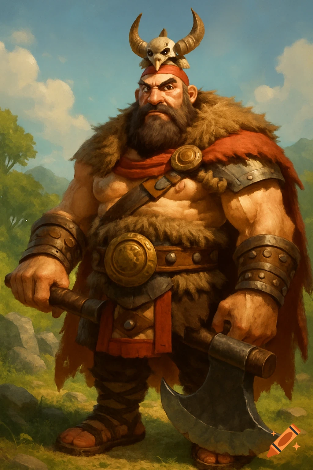 Painting of a muscular fantasy warrior with a skull on his head, holding an axe.