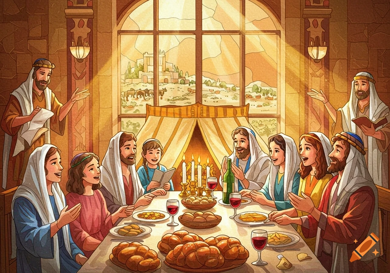 A family celebrating a religious meal around a table with food, candles, and wine.