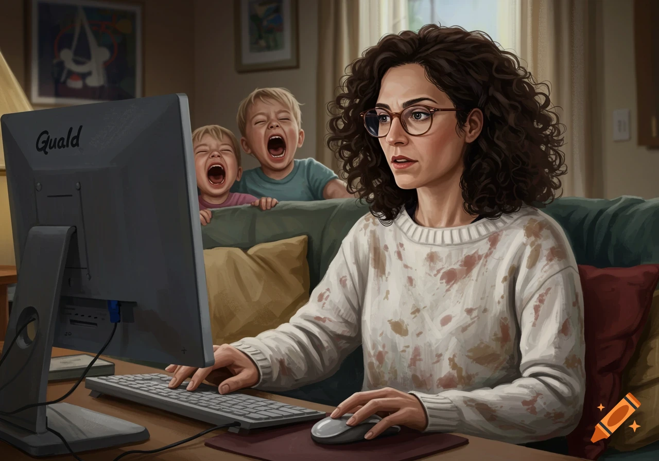 A stressed woman works on a computer while two toddlers scream behind her.