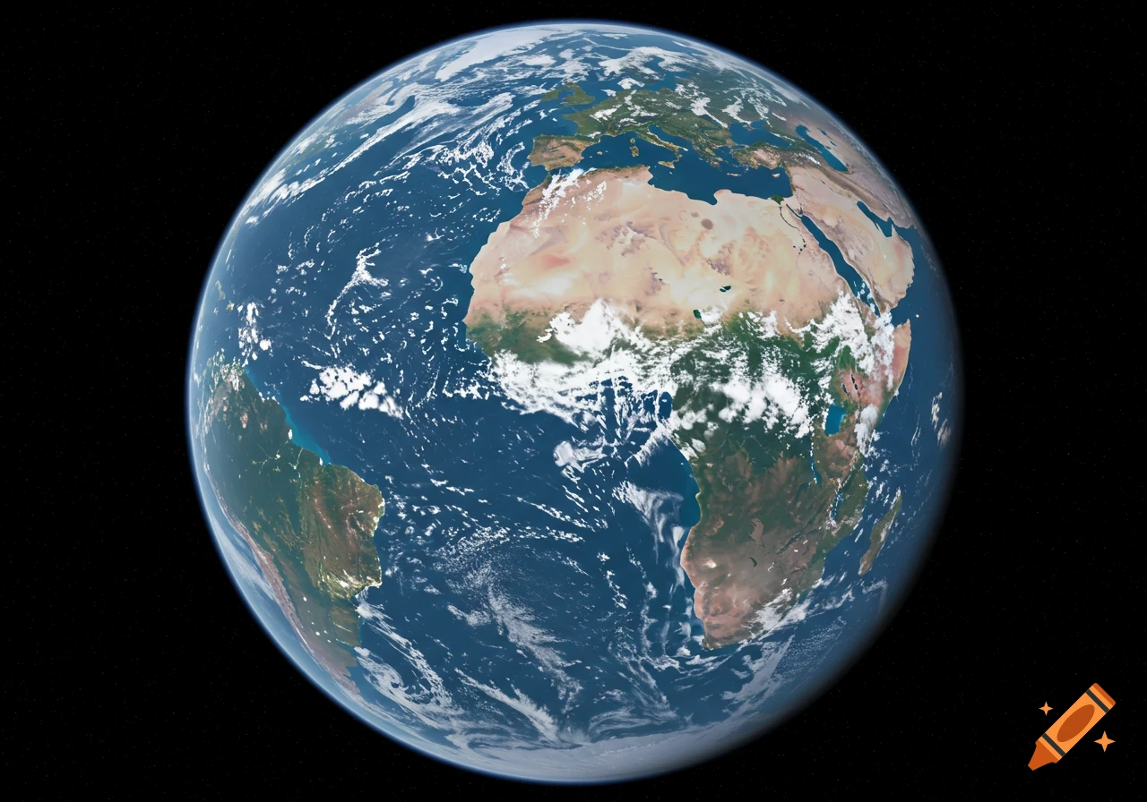 A realistic view of the Earth from space, showing continents, oceans, and clouds.