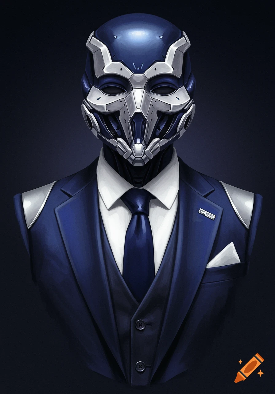 A futuristic blue and silver robot wearing a dark blue suit and tie.