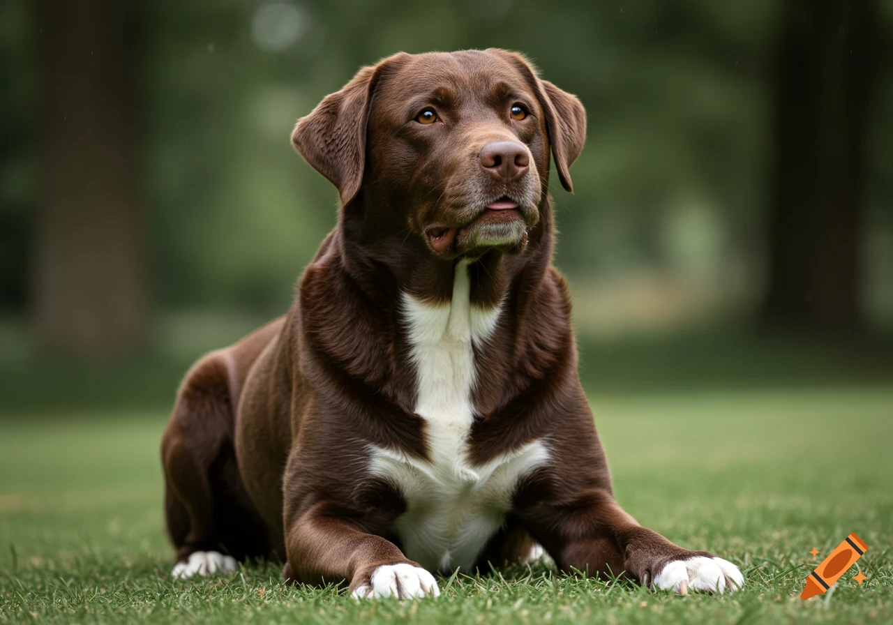 A brown Labrador dog with white markings sits in green grass, looking up.
