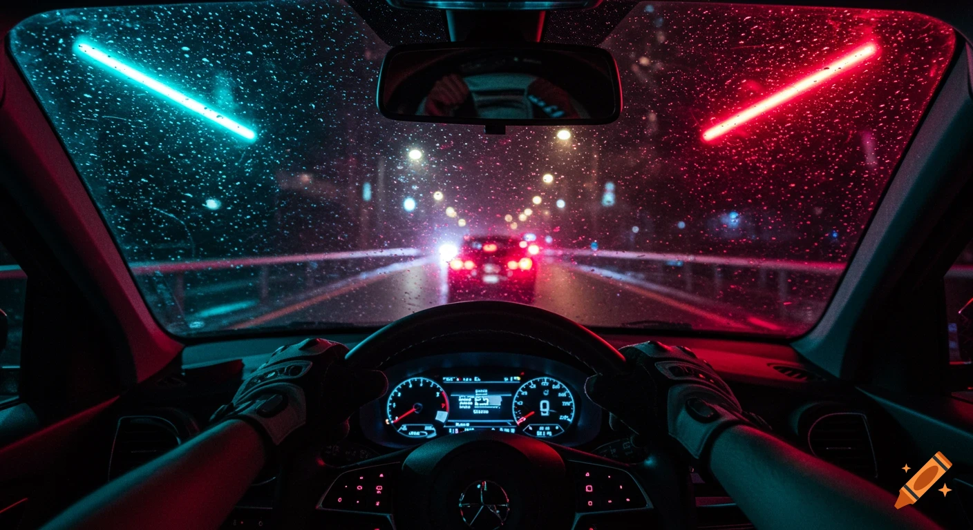 View from inside a car driving at night in the rain, showing hands on steering wheel, dashboard, and blurry neon lights through the wet windshield