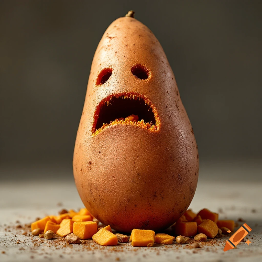 Realistic photo of a sweet potato carved into a sad face, surrounded by potato pieces and spice.